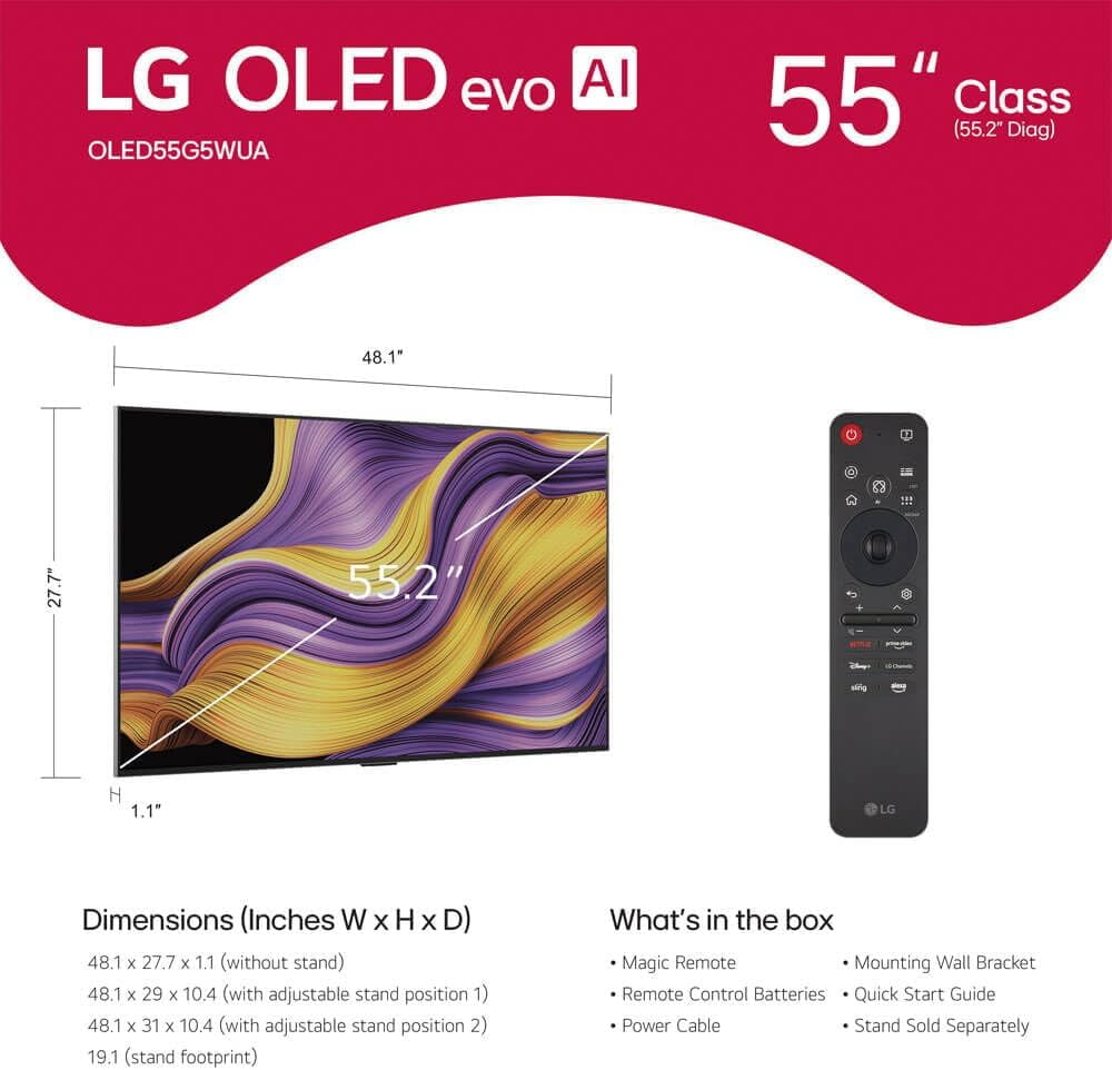 LG 55 inch Class G5 Series OLED evo 4K UHD AI Smart TV with Streaming Bundle HDMI Cable and 12 Month CPS Warranty for Stunning Picture Clarity and Ultimate Home Entertainment
