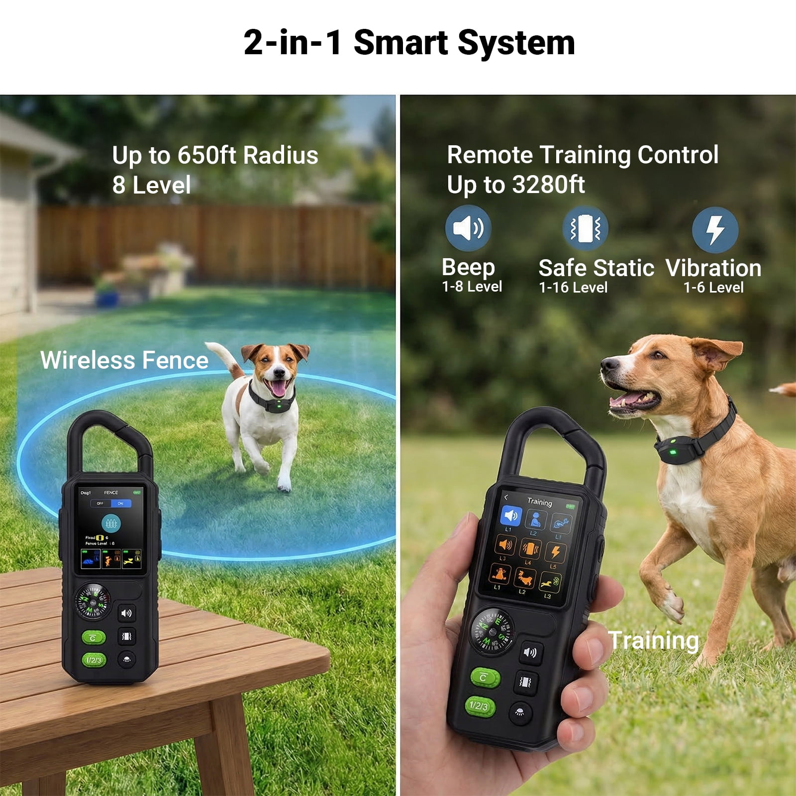 Wireless Dog Fence System with 4 Modes Training Collar + Light, Adjustable Beep + Vibration + Shock Collar for 2 Dogs, Waterproof Rechargeble Dog Electric Fence