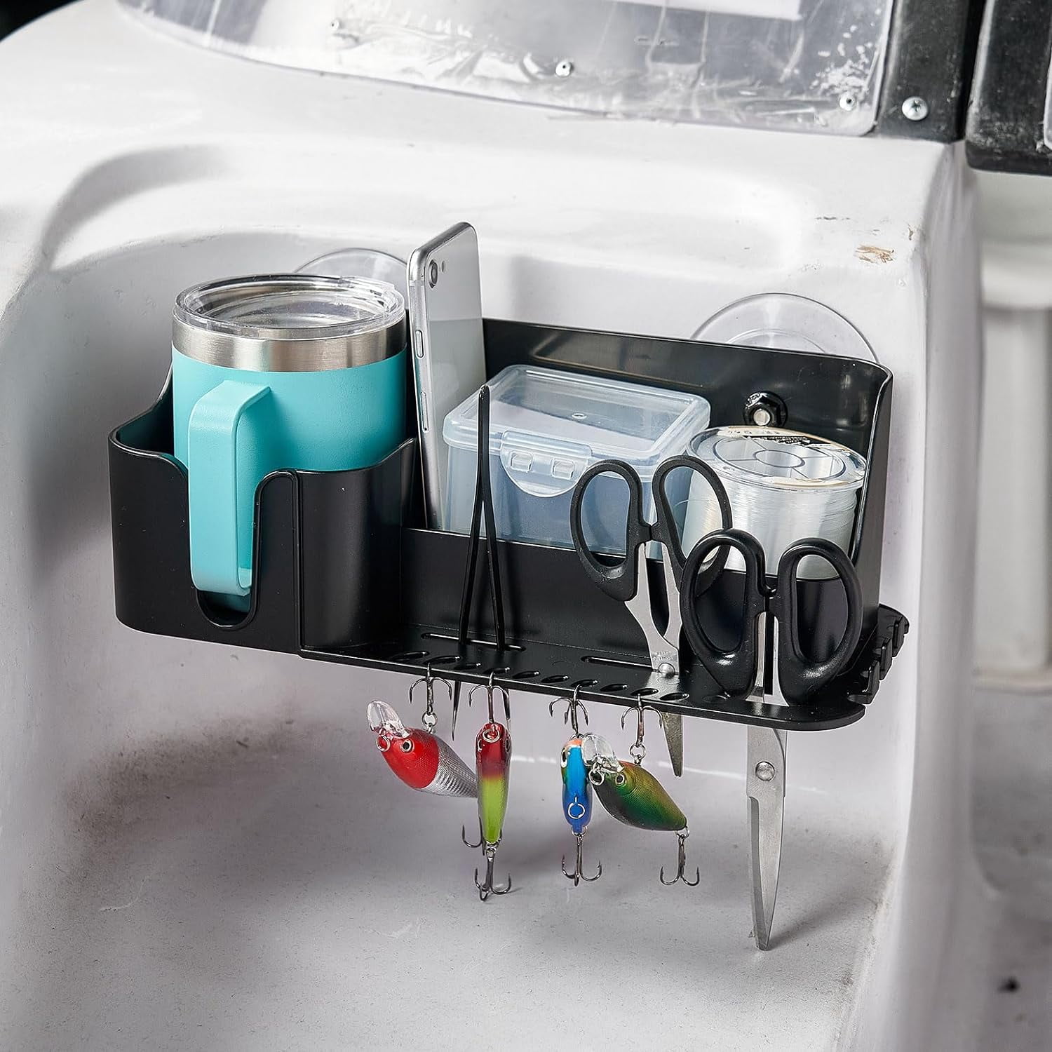 KEMIMOTO Boat Caddy Organizer, Boat Cup Holder Installed with Screws/Suction Cups On Any Flat Surface, Boat Storage Organizer, Cockpit Storage Box for Bass Boat Kayak Pontoon Jon Boat