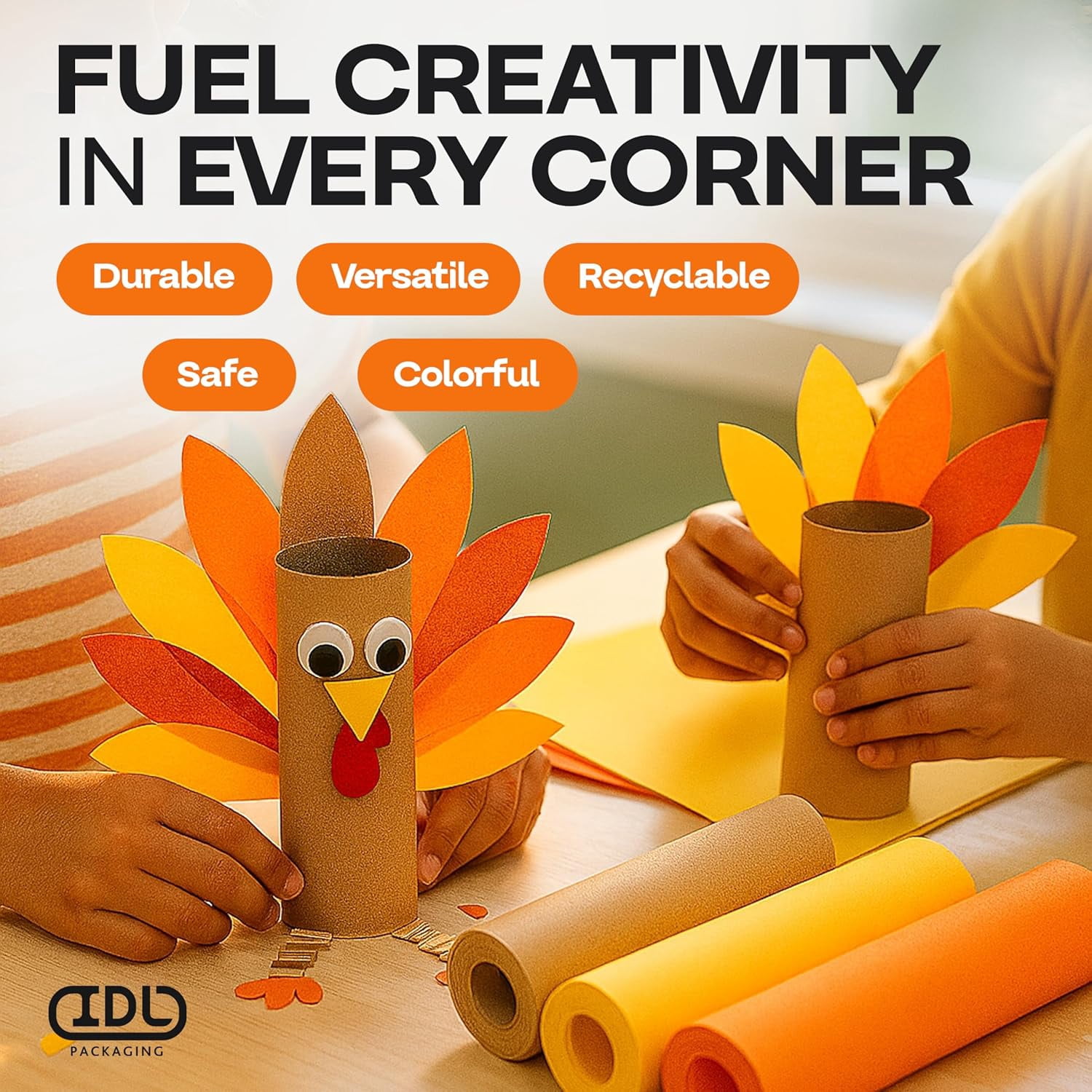 IDL Packaging Thanksgiving Day Cozy Autumn Kraft Paper Set, 3 Rolls (12"x1200", 100 ft Each) – USA-Made Festive Gift Wrapping Rolls