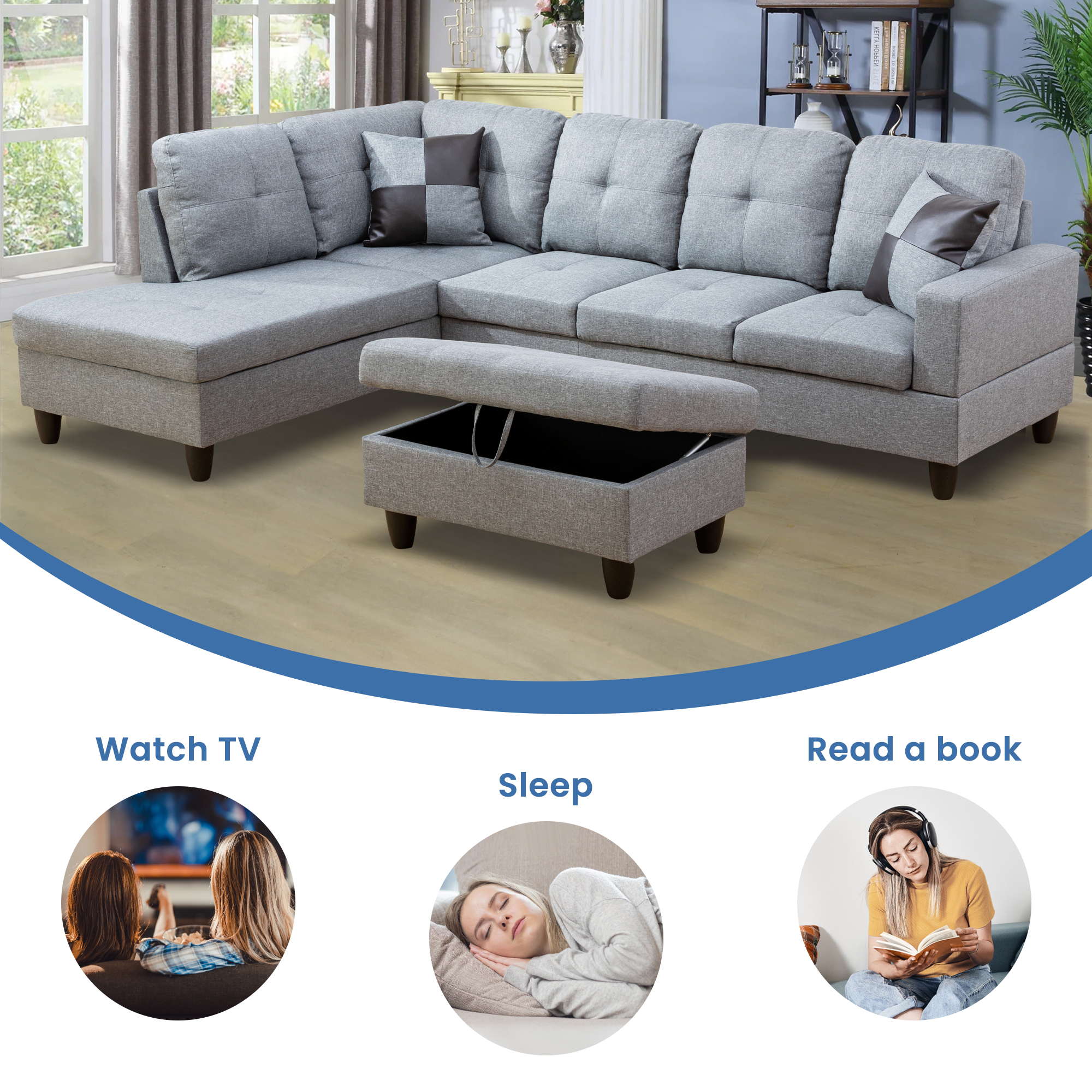 Aukfa 103" Sectional Sofa with Storage Ottoman, L Shape Couch for Living Room, Left Facing Chaise, Linen, Gray