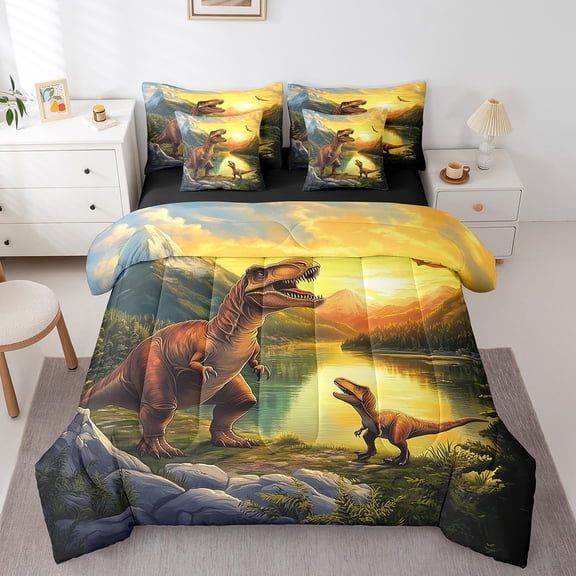 Dinosaur Bedding Comforter Sets 7pcs Dino Bed in a Bag Bed, Wild Animal Twin Bedding Sets Jungle Wildlife Comforter Set 3D Dinosaur Print Bedding Sets & Collections Home Decor