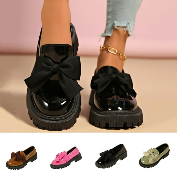 Hinvhai Leather Loafers for Women Slip-On Platform Chunky Heel Bow Loafers Dress Shoes Casual Business Work Shoes Pink 9(42)