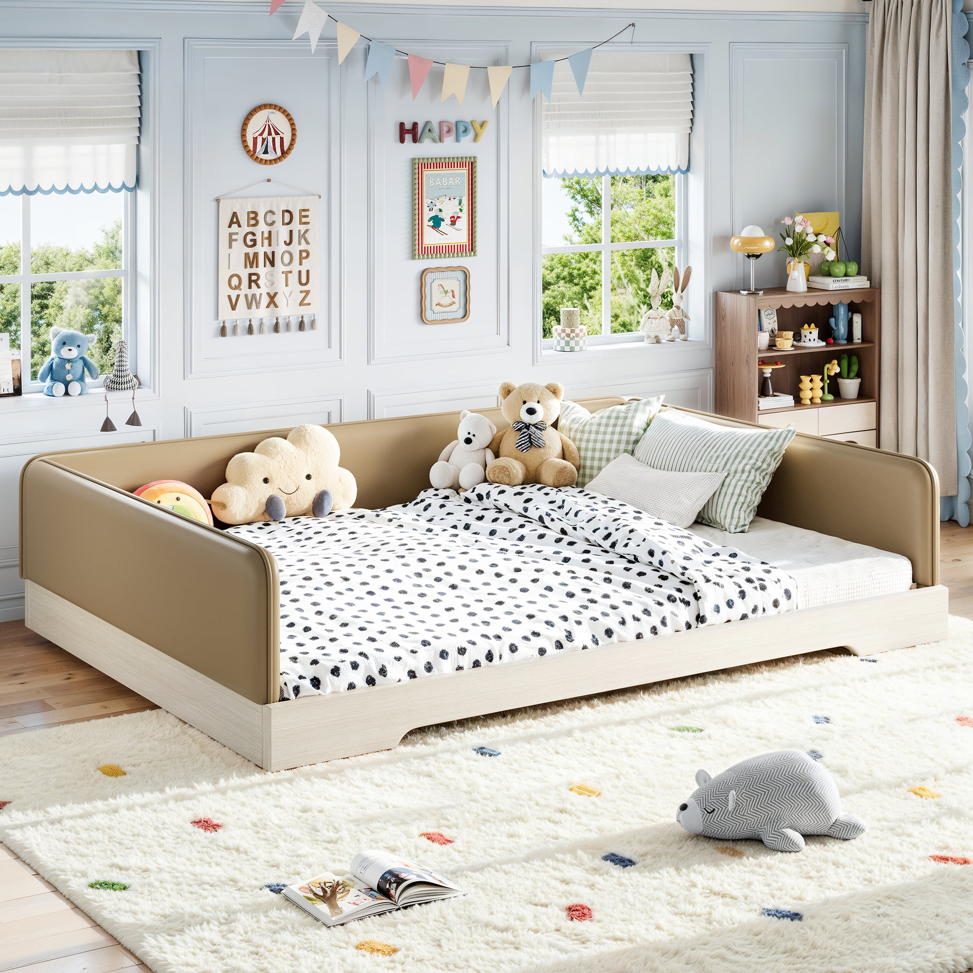 Queen Upholstered Floor Bed 82.68 Inch, Faux Leather Montessori Bed with Removable Guardrails, Low Profile Platform Bed for Kids, Brown
