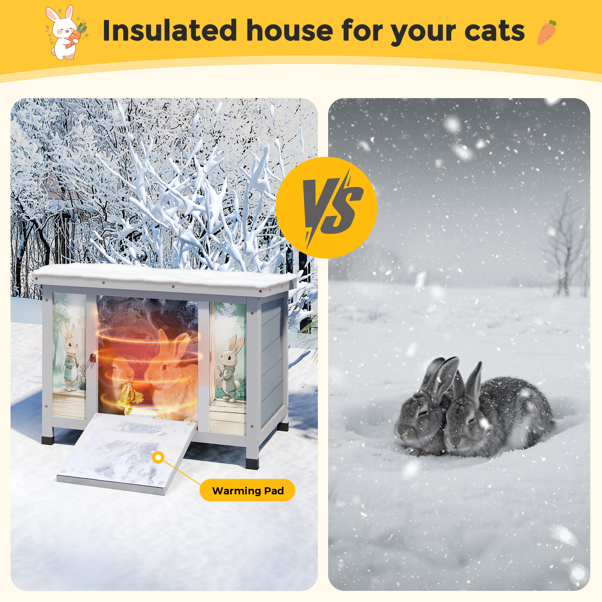 24'' Heated Small Rabbit Hutch for Winter, Cat House Outdoor Indoor with Warm Liner, Waterproof Structure, Suitable for Cats, Rabbits, Small Pets (Grey)