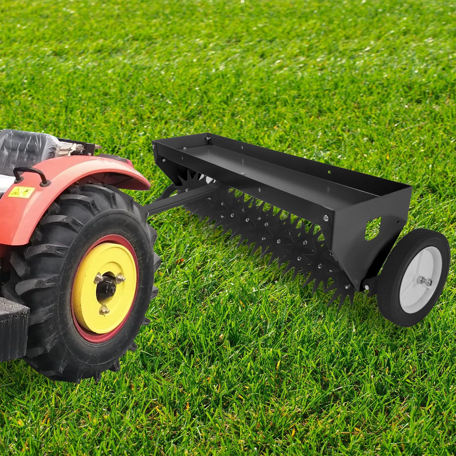 40 Inch Tow-Behind Aerator with Universal Hitch, Adjustable Handle & Transport Wheels, Lawn Aerator for Tractors, Ideal for Garden, Farm, Black