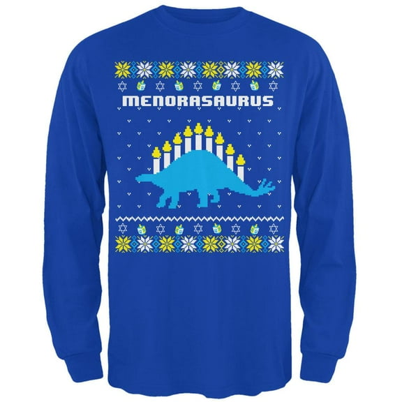 Hanukkah Ugly Sweater Menorasaurus Menorah Stegasaurus Mens Long Sleeve T Shirt Royal MD