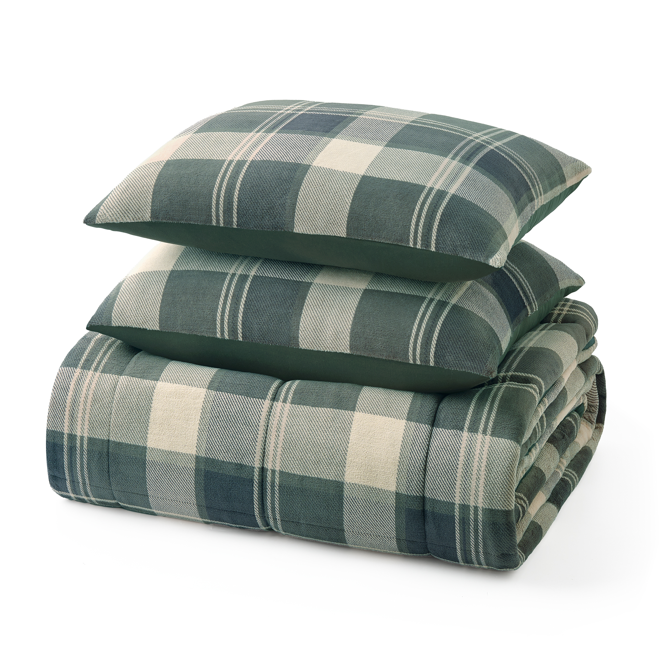 Pawz 3-Piece Fleece Comforter Set with Pillow Shams, Soft and Warm, Pine Green Plaid, King