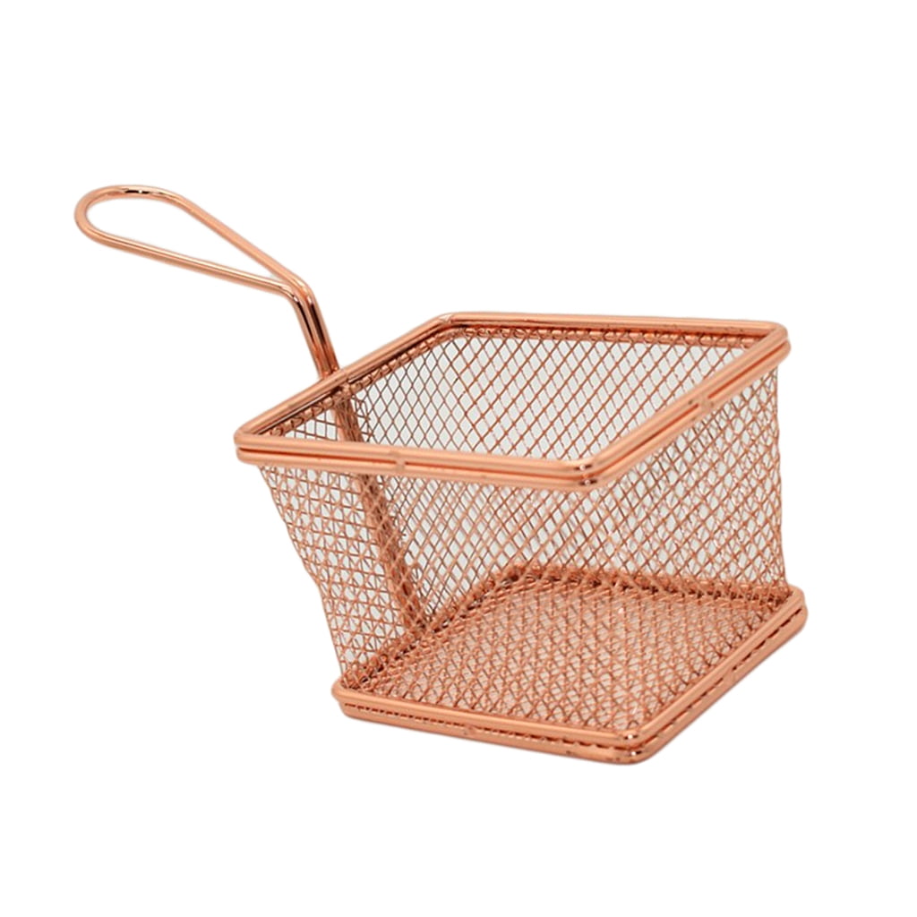 Rose Gold Stainless Steel Mesh Colander Strainer Fry Food Basket with Handle Right Angle L