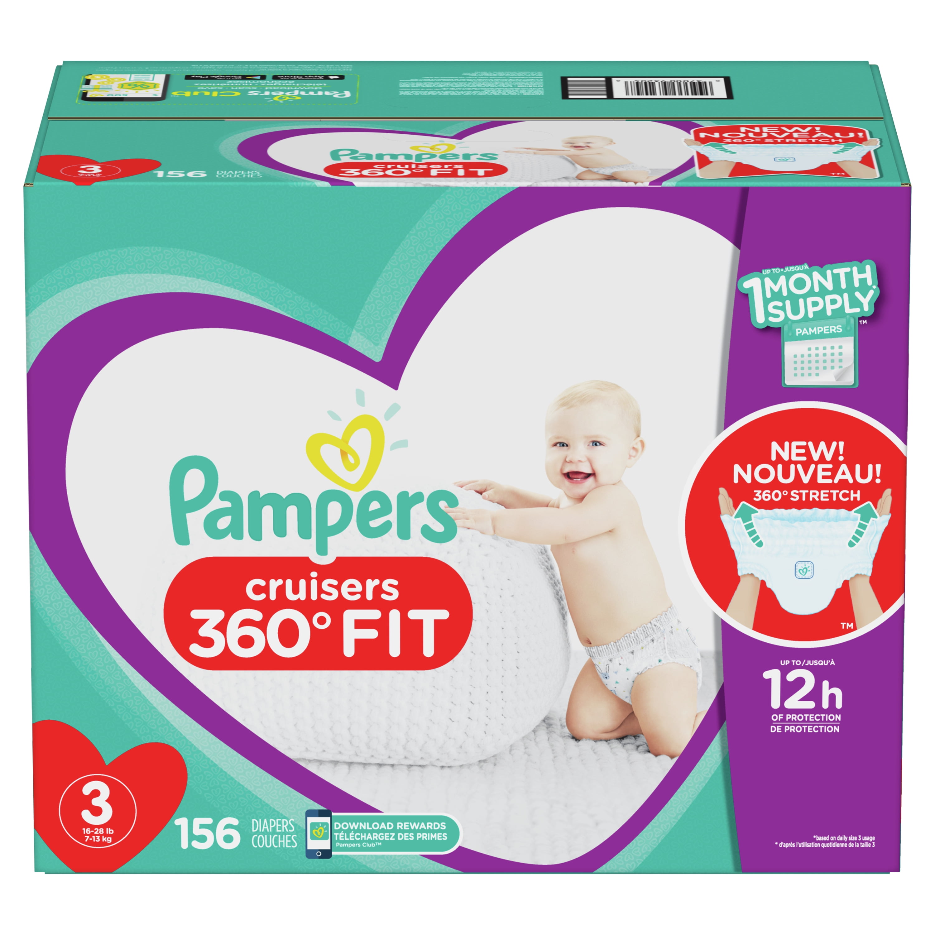 Pampers Cruisers 360 Fit Diapers, Active Comfort, Size 3, 156 Count