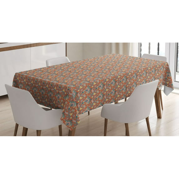 Ethnic Tablecloth, Bohemian Paisley Ethnic Floral Patterns Tulip Orderly Repetitive Design, Rectangle Satin Table Cover for Dining Room and Kitchen, 52" X 70", Burnt Sienna Multicolor, by Ambesonne