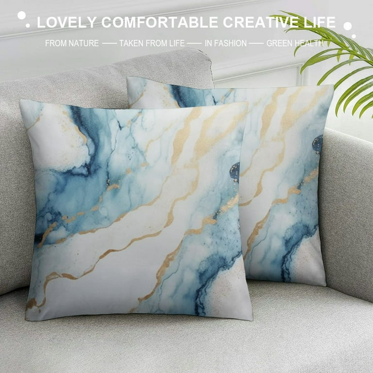 Comio Navy Blue Gold Decorative Throw Pillows Covers Marble Outdoor Teal Abstract Patio Pillow Decor Couch Cushions for Indoor Bedroom Decoration