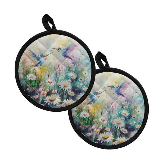 Xoenoiee Pot Holders Set of 2 Heat Resistant Hot Pads with Breathable Cotton-like Lining Soft Potholders for Cooking Baking Kitchen Decor 8 Inch Round, Hummingbird Daisy