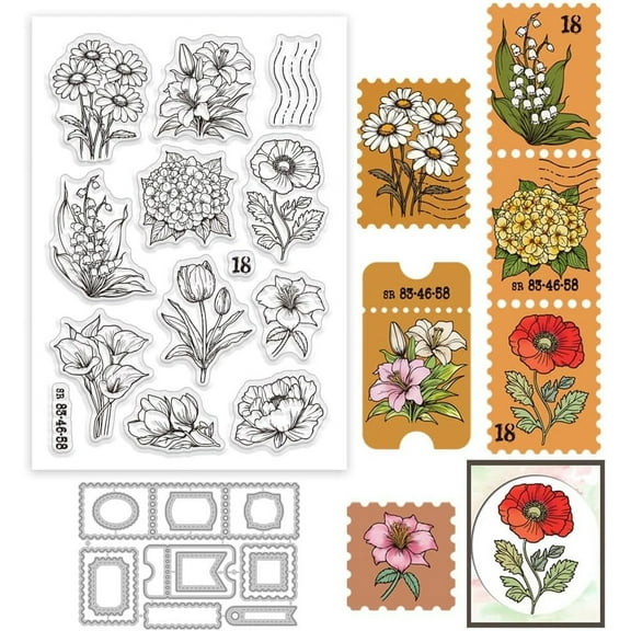 1 Set Flowers Stamps Clear Stamp and Cutting Dies Set for Card Making Spring Tulips Daisies Silicone Clear Stamp Metal Postage Stamps Frame Die Cuts for DIY Scrapbooking Photo Album Decorative