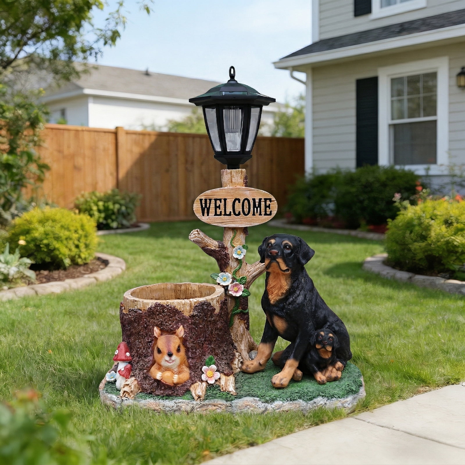 Aukfa Rottweiler Dog Planter Statue with WELCOME Sign & Solar LED Light, Outdoor Garden Balcony Lawn Decor