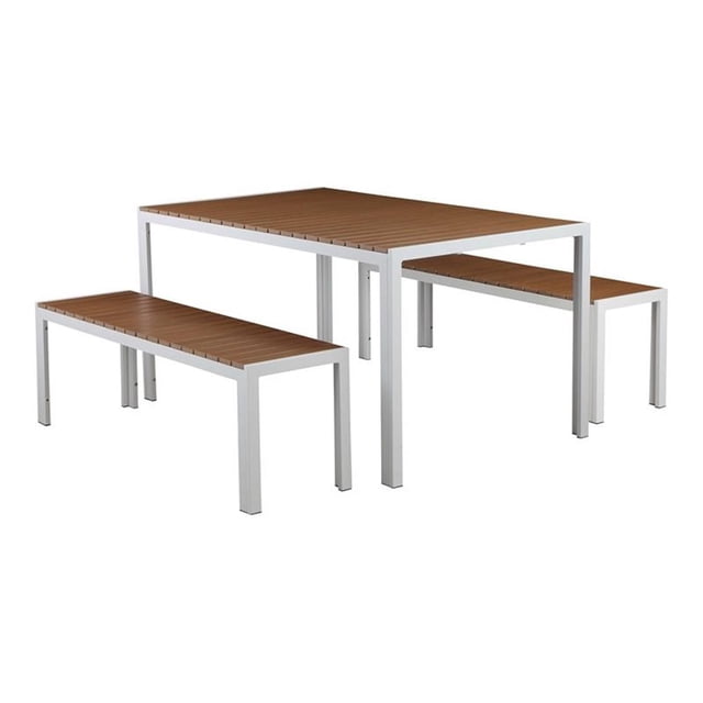 Pemberly Row 3-piece Aluminum Patio Dining Set in White/Natural Teak