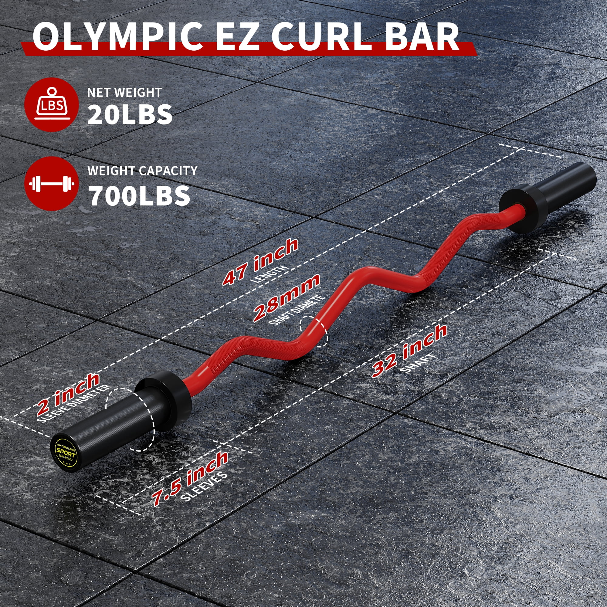 ! EZ Curl Barbell Bar 47" – Professional Curl Bar for Biceps, Triceps, Squat & Hip Thrusts, 700lb Weight Capacity, Fit 2-Inch Plates – Home Gym Strength Training Bar
