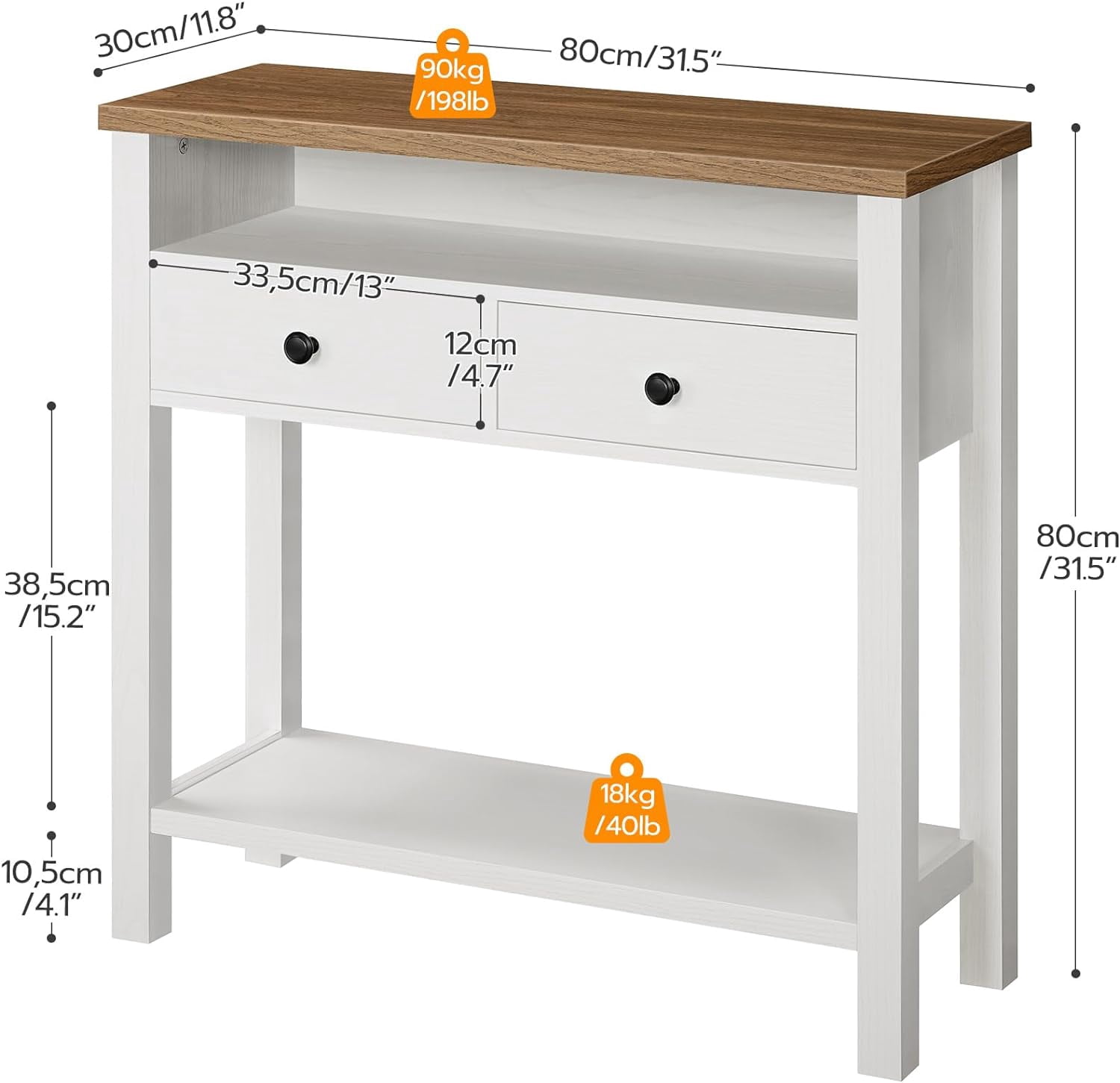HOOBRO Farmhouse Entryway Table with 2 Drawers, White and Walnut