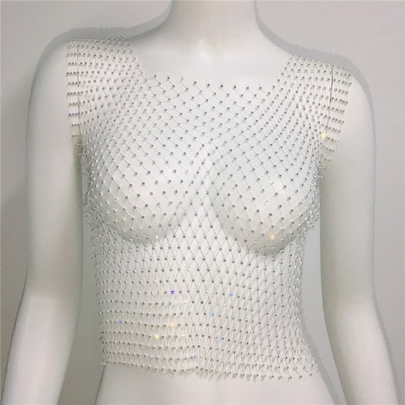 Sexy T Shirt Shiny Rhinestone Fishnet Women Tank Tops Y2K Mesh See Through Crop Top Summer Beach Cover Up Tee Party Nightclub Unisex Men Clothing Fashionable Sparkle Hollow Out Vest Elegant Piece