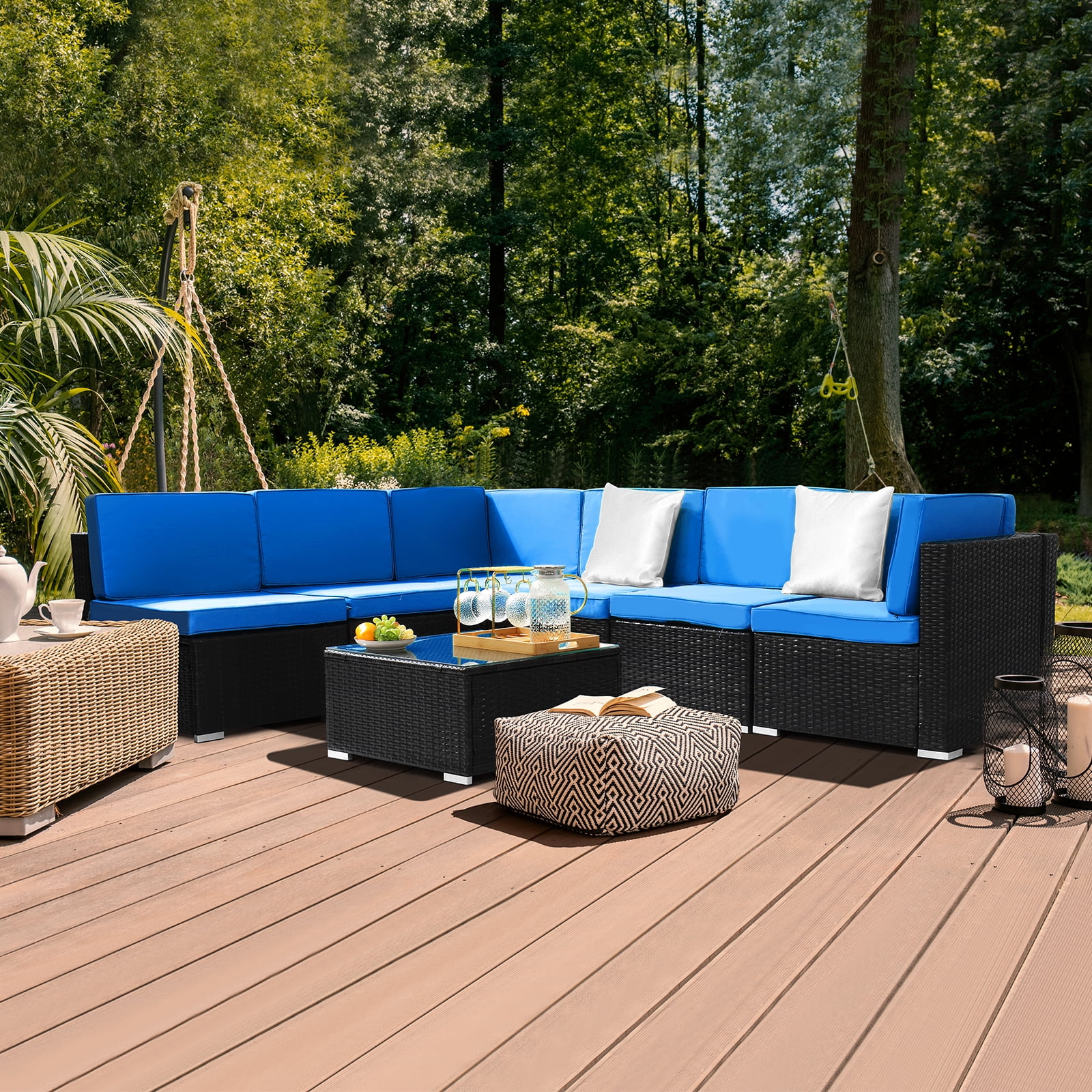 Ktaxon 7pc Outdoor Patio Sectional Sofa Set, Rattan Wicker Furniture All-Weather - Black & Blue