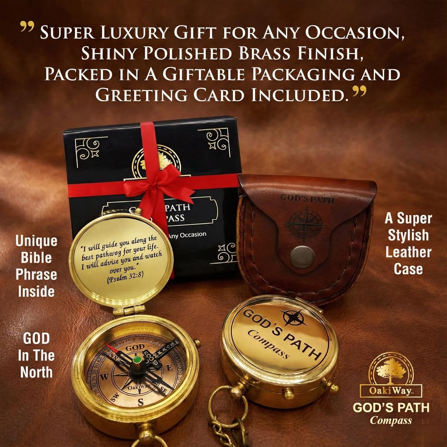 OakiWay God's Path Compass (Psalm 32:8) - Religious Gifts for Men, Baptism Gifts for Teenage Boys - Comes in Leather Case - Sentimental & Inspirational Present - Greeting Card Included