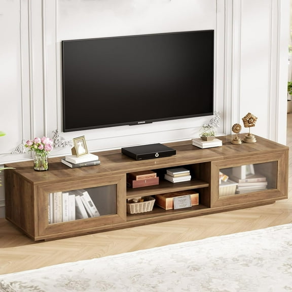 HSH 70 inch TV Stand for 75" TV,Entertainment Center for Living Room Under TV Storage Cabinet,Low Modern TV Media Console Wood with Sliding Doors for Bedroom,Rustic Oak