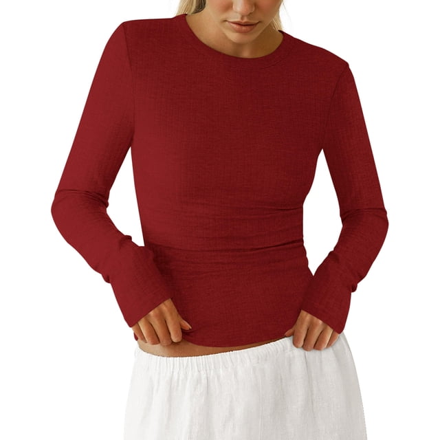 Remera PRETTYGARDEN 2025 de canalé, manga larga, color rojo, talle L