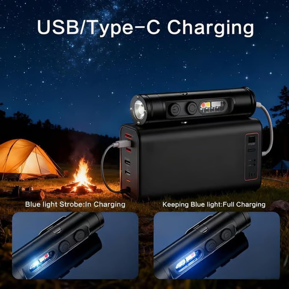 Pocket Rechargeable EDC Flashlight: 500 Lumens Mini Keychain Light with Fire Starter & Window Breake, C Interface - Magnetic Base, for Camping, Everyday Carry