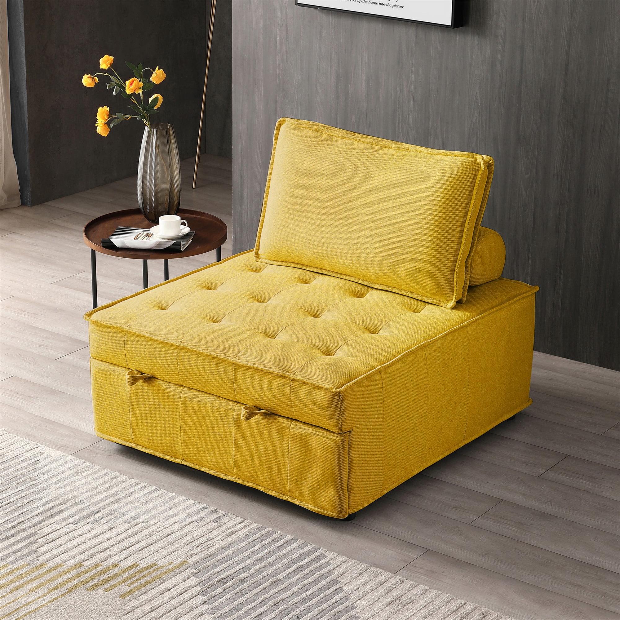 Aukfa 78" Chaise Futon Oversized Pull Out Sleeper Chair Bed for Home Office, Linen, Yellow