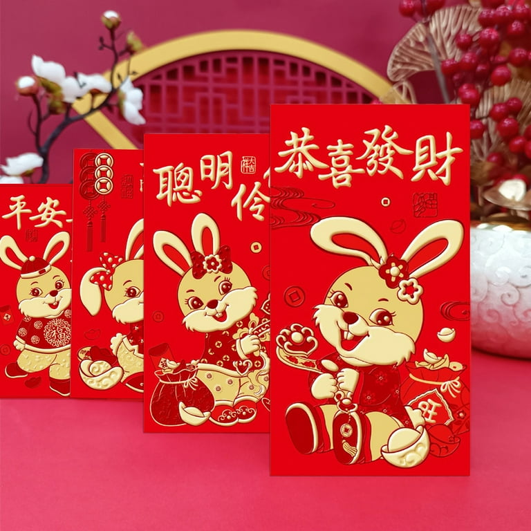 Pnellth 6Pcs Red Envelope Year of The Rabbit Cartoon Pattern Best Wish 2023  New Year Bunny Print Red Envelopes for Festival 