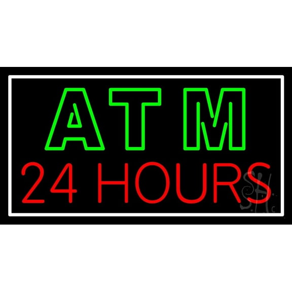 Atm 24 Hrs 2 LED Neon Sign 20 x 37 - inches, Black Square Cut Acrylic Backing, with Dimmer - Bright and Premium built indoor LED Neon Sign for Defence Force.