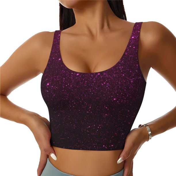 Fotbe Dark Purple Glitter Sujetador Deportivo Largo sin Aros para Mujer con Almohadillas y Soporte Medio, Transpirable y Absorbente, Camiseta Tipo Chaleco o Tank Top-Medium
