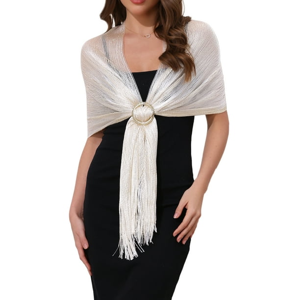 Chales y envolturas para mujeres INSPIRE CHIC para vestidos de noche, brillante, chispeante y elegante con hebilla 74.8x17.7" (LxA) Blanco (Dorado)