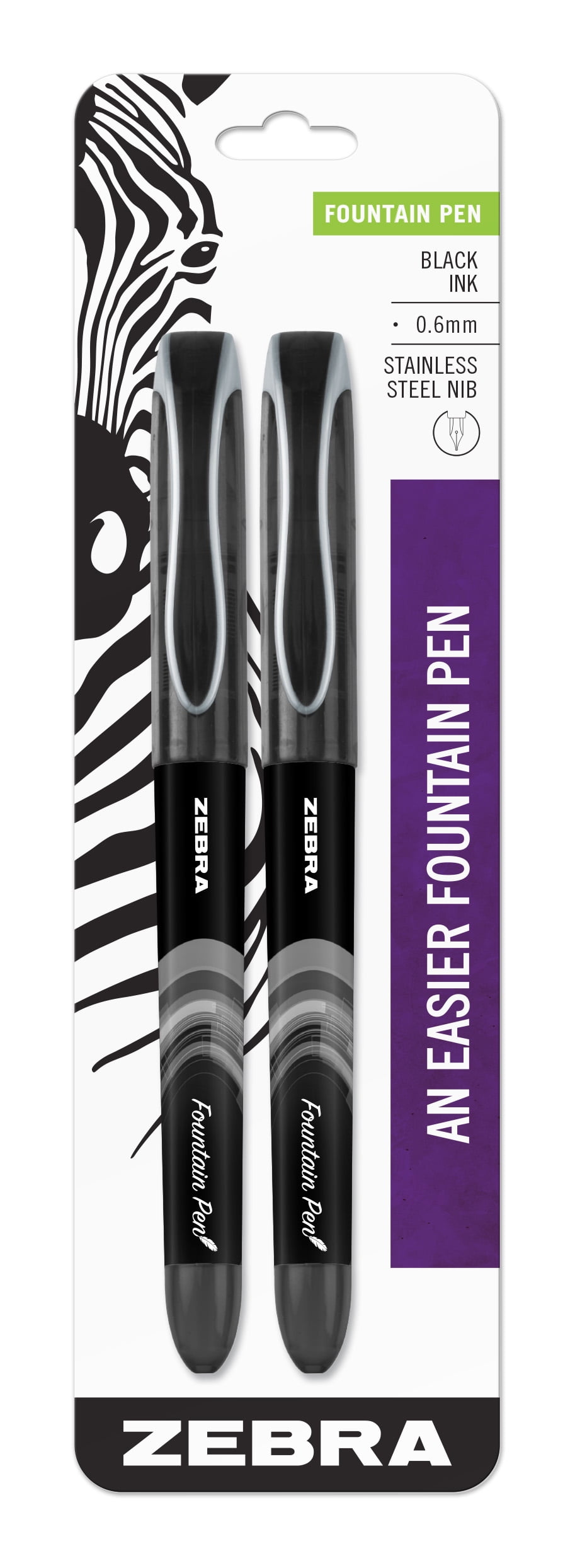 Zebra Pen Fountain Pen, Fine Point, 0.6mm, Black, Non-Toxic Ink, 2-pack