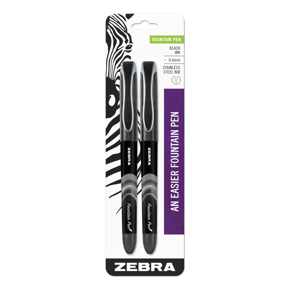 Zebra Pen Fountain Pen, Fine Point, 0.6mm, Black, Non-Toxic Ink, 2-pack