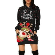 Women Christmas Ugly Hoodie, Teen Girls Cute Reindeer Graphic Hooded Sweatshirt Casual Crewneck Long Sleeve Dress Tunic Tops