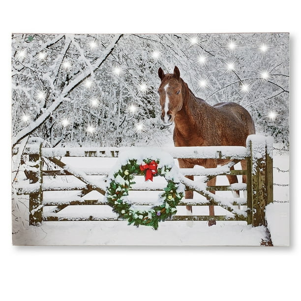 Lighted Holiday Horse Canvas Wall Art Snowy Farm with Wreath Accent