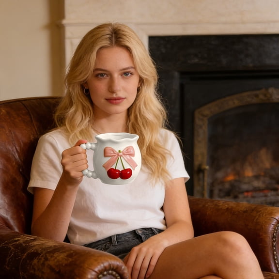Uuiauoio Bow Cherry Coffee Mug Coquette Porcelain Coffee Tea Cup Ceramic Coffee Cup Bow Cute Personalized Mug for Women Girl(Cup and Spoon)