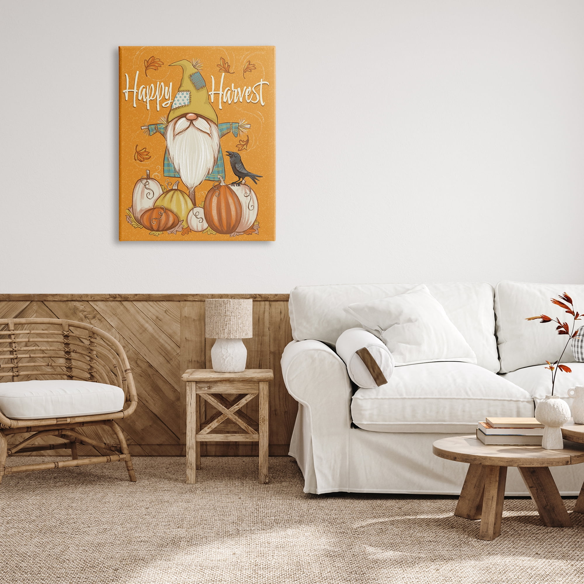 Happy Harvest Scarecrow Gnome Seasonal Pumpkins Crow Botanical & Floral Graphic Art Gallery-Wrapped Canvas Print Wall Art