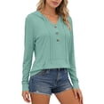 thumbnail image 6 of YTCAMLO Long Sleeve Sun Shirts for Women, Casual Loose Fit Button V Neck Sweatshirt with Kangaroo Pocket, Drawstring Workout Tops, 6 of 7