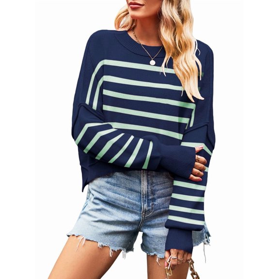 Women'S Oversized Batwing Sweaters 2025 Fall Outfits Trendy Crewneck Knit Side Slit Pullover Tops Blue & Green XL