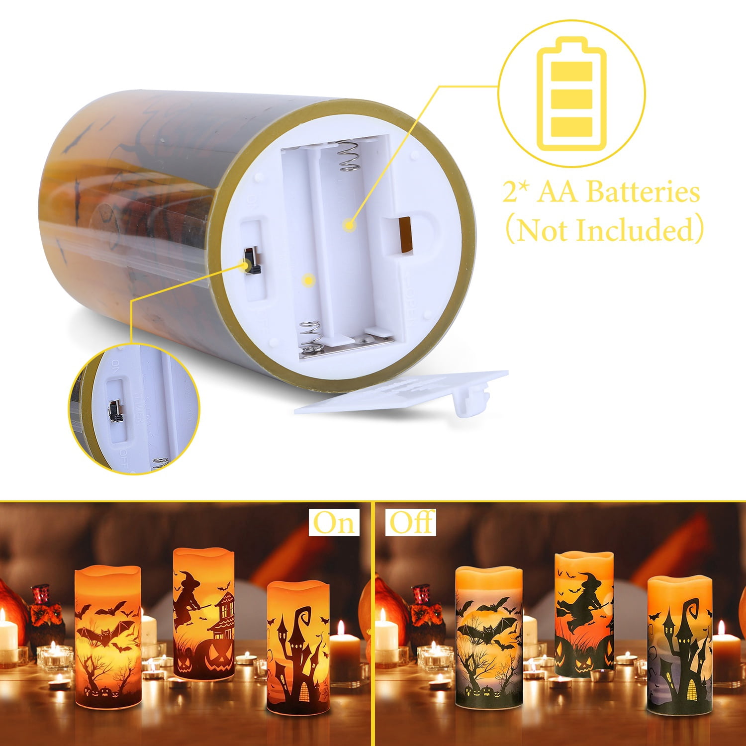 3Pcs Halloween Flameless Warm Orange Light Candle Lamp  Battery Operated Candles w/ Timer Setting