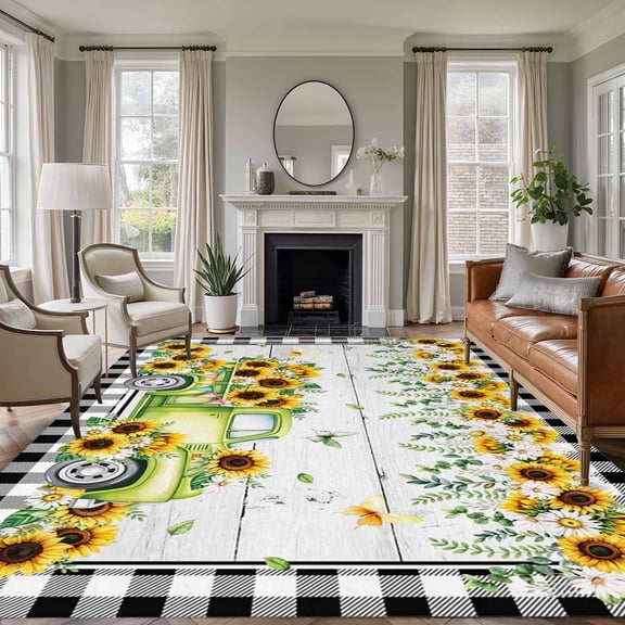 Area Rug for Living Room, Sunflowers Non-Slip Indoor Large Carpet for Bedroom/Dining Room, Spring Farmhouse Country Truck Leaf Wood Grain Washable Low-Profile Rectangle Floor Runner Rugs - 6 x 9 Ft