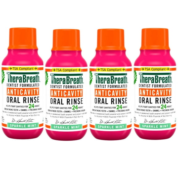 4 Pack - TheraBreath Anticavity Fluoride Mouthwash, Sparkle Mint, Travel Size, 3 fl oz