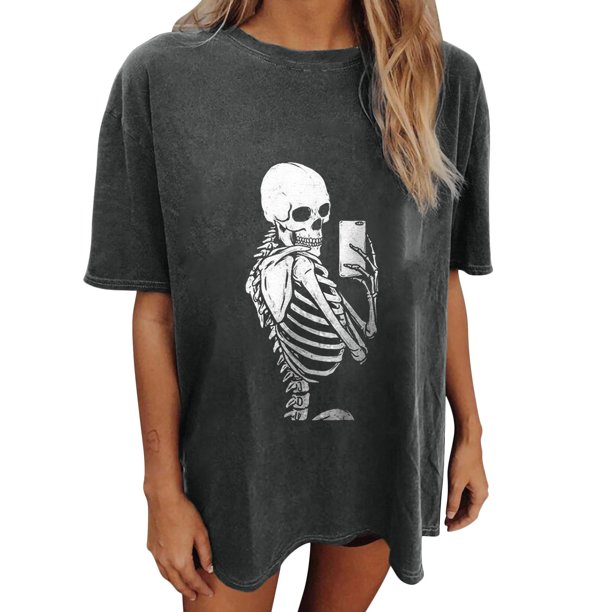 Blusa de manga corta con diseño de calavera y esqueleto de manga caída vintage para mujer Pompotops hfajkhk128190