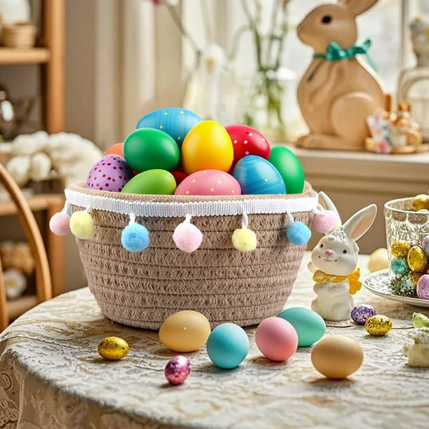 Easter eggs storage basket, woven storage basket, small round rope basket, desktop storage, stylish woven design, high capacity, durable woven material, for bedroom, Easter decor, office