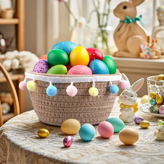 Cesta de almacenamiento de cuerda de algodón tejida | Cesta pequeña redonda artesanal de 19,8 x 10,9 cm | Porta huevos de Pascua con asa ergonómica y rejilla fija | Organizador de escritorio