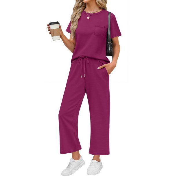 Conjuntos de 2 piezas para mujer Casual verano viajes vacaciones trajes de manga corta Tops pantalones de pierna ancha conjuntos de salón,1 Dark Purple,2XL