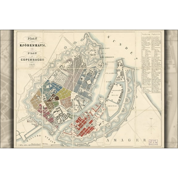 24"x36" Gallery Poster, map of Copenhagen Denmark 1853 in danish