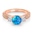 thumbnail image 2 of Gem Stone King 18K Rose Gold Plated Silver Blue Opal and White Moissanite Engagement Ring for Women (1.40 Cttw, Gemstone October Birthstone, Round Cabochon 7MM and 4MM, Size 9), 2 of 3